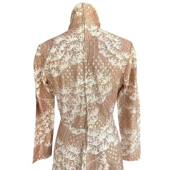 VTG Nancy Greer Dress Gold Metallic Mock Neck Sz 12 Thanksgiving Fall Floral 60s - Picture 7 of 9